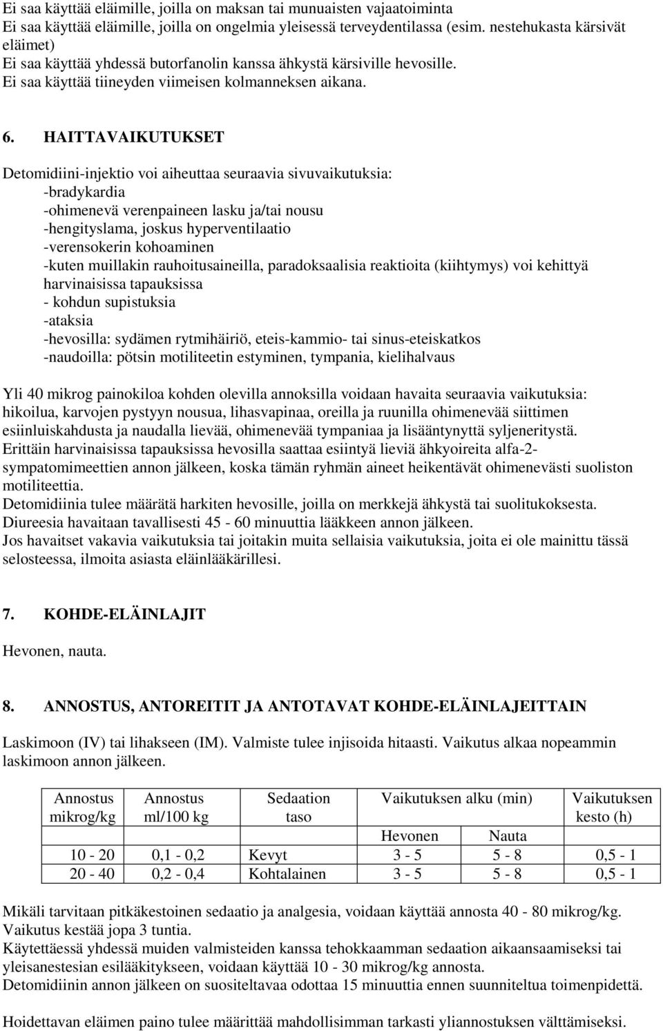 HAITTAVAIKUTUKSET Detomidiini-injektio voi aiheuttaa seuraavia sivuvaikutuksia: -bradykardia -ohimenevä verenpaineen lasku ja/tai nousu -hengityslama, joskus hyperventilaatio -verensokerin kohoaminen