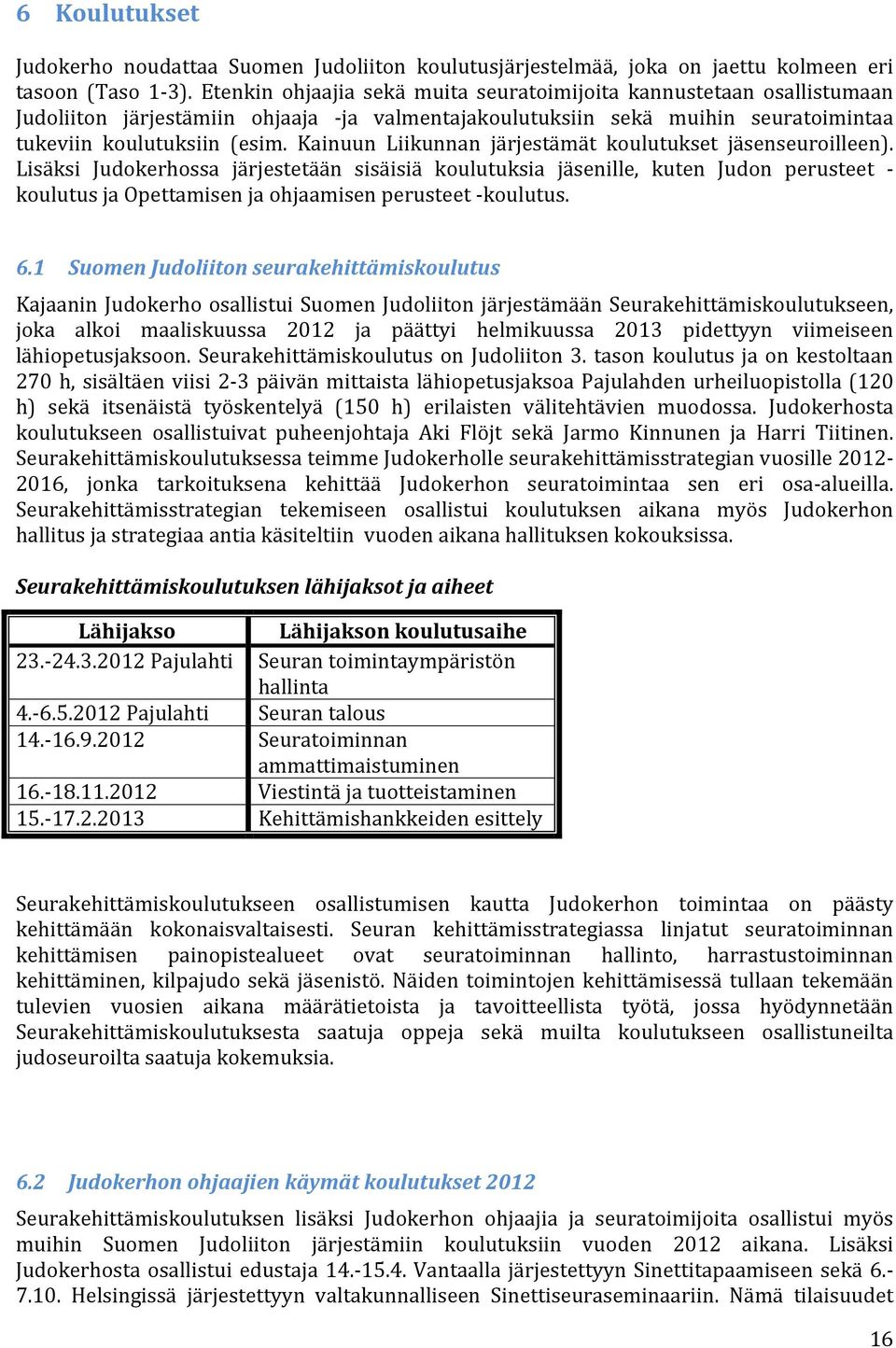 Kainuun Liikunnan järjestämät koulutukset jäsenseuroilleen).