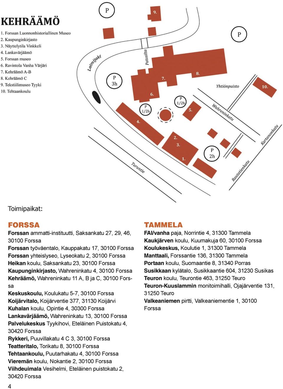 Kuhalan koulu, Opintie 4, 30300 Forssa Lankavärjäämö,, 30100 Forssa Palvelukeskus Tyykihovi, Eteläinen Puistokatu 4, 30420 Forssa Rykkeri, Puuvillakatu 4 C 3, 30100 Forssa Teatteritalo, Torikatu 8,