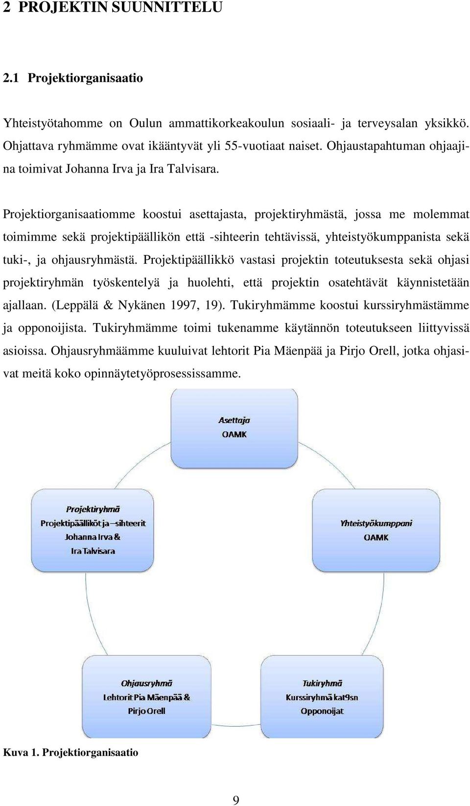 Projektiorganisaatiomme koostui asettajasta, projektiryhmästä, jossa me molemmat toimimme sekä projektipäällikön että -sihteerin tehtävissä, yhteistyökumppanista sekä tuki-, ja ohjausryhmästä.