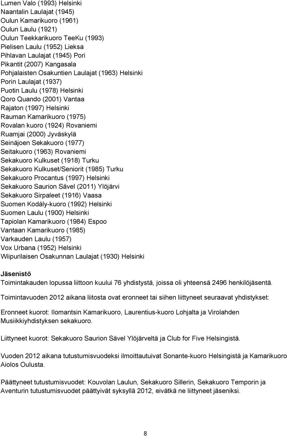 Rovalan kuoro (1924) Rovaniemi Ruamjai (2000) Jyväskylä Seinäjoen Sekakuoro (1977) Seitakuoro (1963) Rovaniemi Sekakuoro Kulkuset (1918) Turku Sekakuoro Kulkuset/Seniorit (1985) Turku Sekakuoro