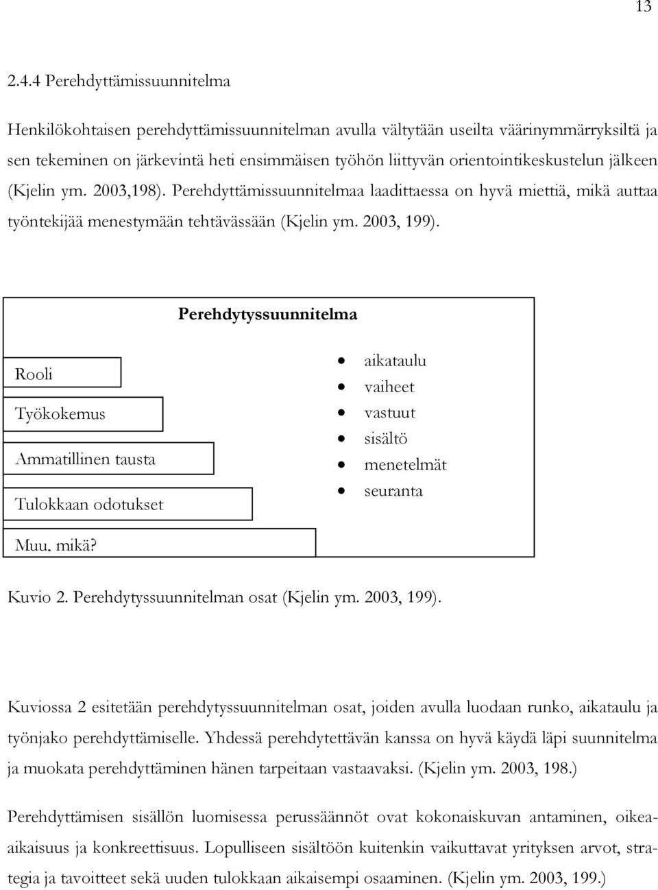 orientointikeskustelun jälkeen (Kjelin ym. 2003,198). Perehdyttämissuunnitelmaa laadittaessa on hyvä miettiä, mikä auttaa työntekijää menestymään tehtävässään (Kjelin ym. 2003, 199).