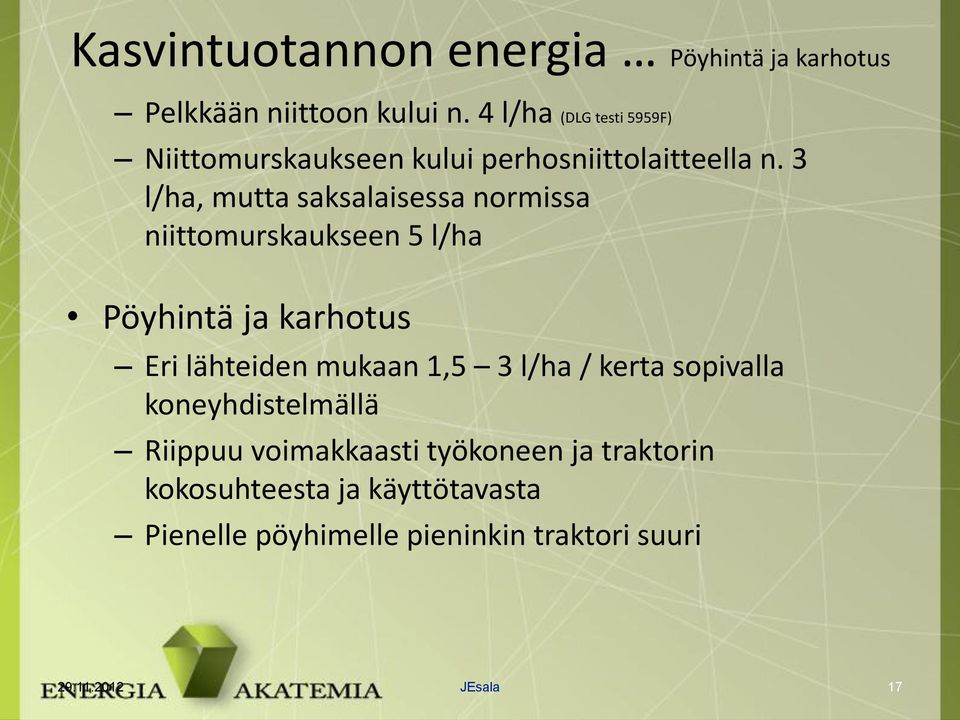 3 l/ha, mutta saksalaisessa normissa niittomurskaukseen 5 l/ha Pöyhintä ja karhotus Eri lähteiden mukaan 1,5