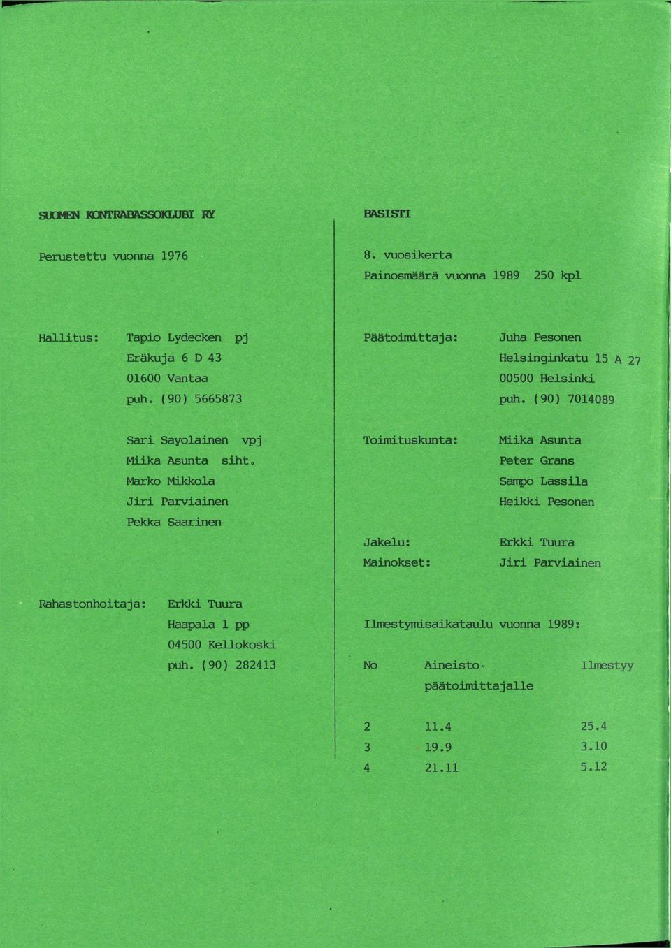 (90) 5665873 Päätoimittaja: Juha Pesonen Helsinginkatu 15 A 27 00500 Helsinki puh. (90) 7014089 Sari Savolainen vpj Miika Asunta siht.