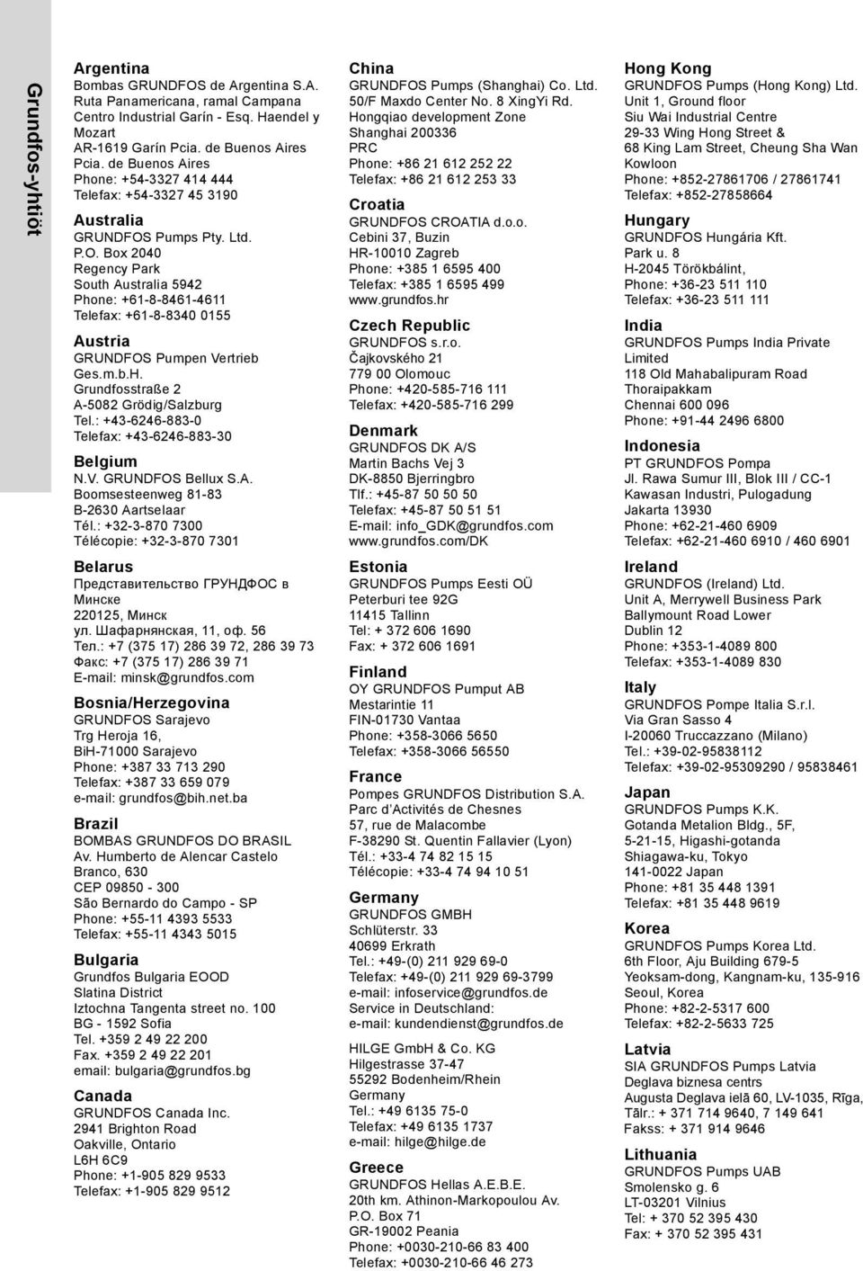Pumps Pty. Ltd. P.O. Box 2040 Regency Park South Australia 5942 Phone: +61-8-8461-4611 Telefax: +61-8-8340 0155 Austria GRUNDFOS Pumpen Vertrieb Ges.m.b.H. Grundfosstraße 2 A-5082 Grödig/Salzburg Tel.