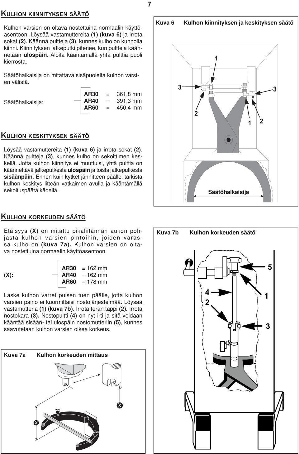 7 Kuva 6 Kulhon kiinnityksen ja keskityksen säätö Säätöhalkaisija: AR30 = 36,8 mm AR40 = 39,3 mm AR60 = 450,4 mm Kulhon keskityksen säätö Löysää vastamuttereita () (kuva 6) ja irrota sokat ().