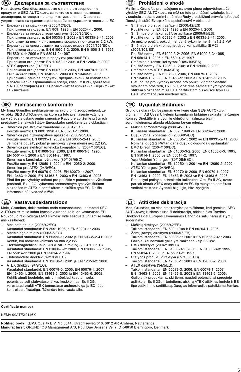 Приложени стандарти: EN 60335-1: 2002 и EN 60335-2-41: 2003. Приложим за помпи с номинална мощност по-нсика от 2,2 kw. Директива за електромагнитна съвместимост (2004/108/EC).