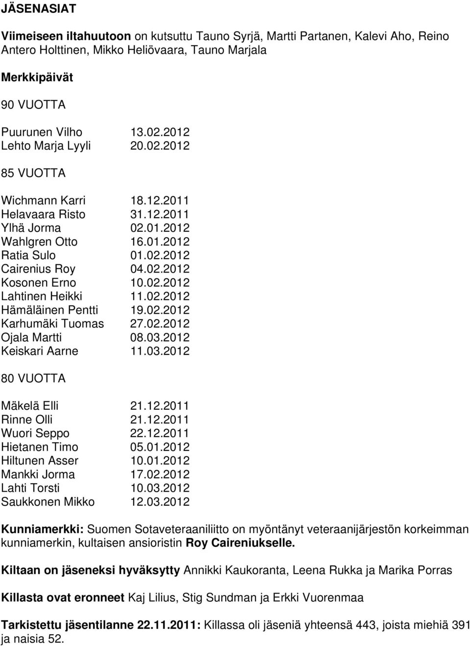 02.2012 Lahtinen Heikki 11.02.2012 Hämäläinen Pentti 19.02.2012 Karhumäki Tuomas 27.02.2012 Ojala Martti 08.03.2012 Keiskari Aarne 11.03.2012 80 VUOTTA Mäkelä Elli 21.12.2011 Rinne Olli 21.12.2011 Wuori Seppo 22.