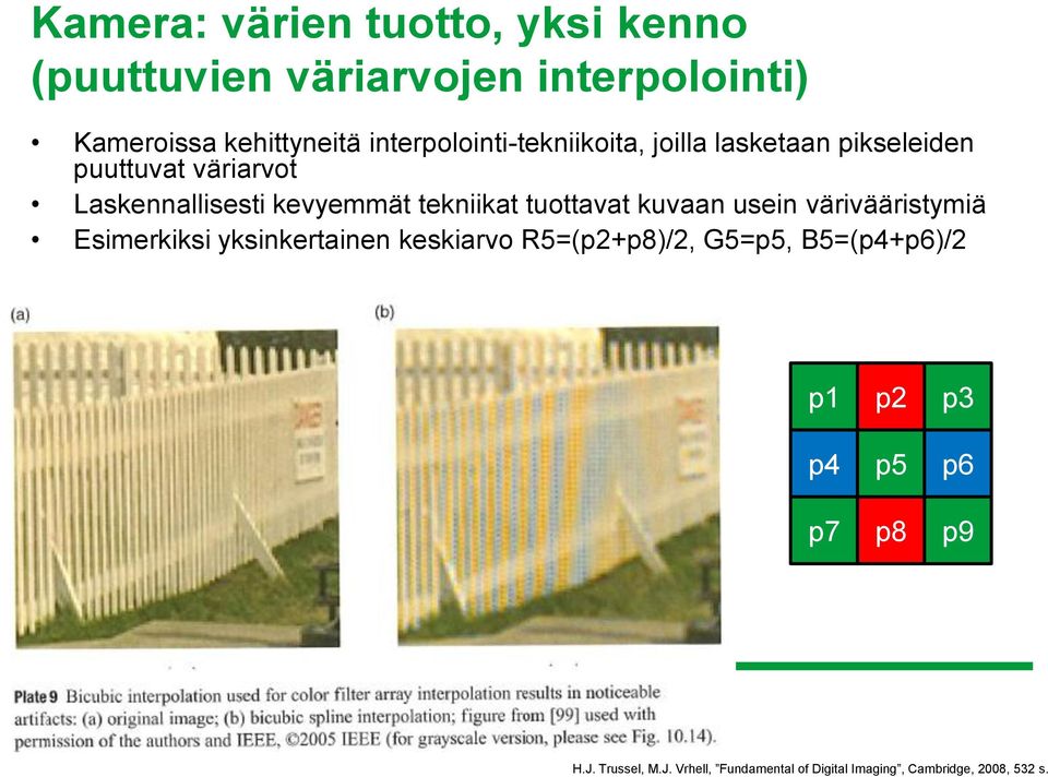 tekniikat tuottavat kuvaan usein värivääristymiä Esimerkiksi yksinkertainen keskiarvo R5=(p2+p8)/2, G5=p5,