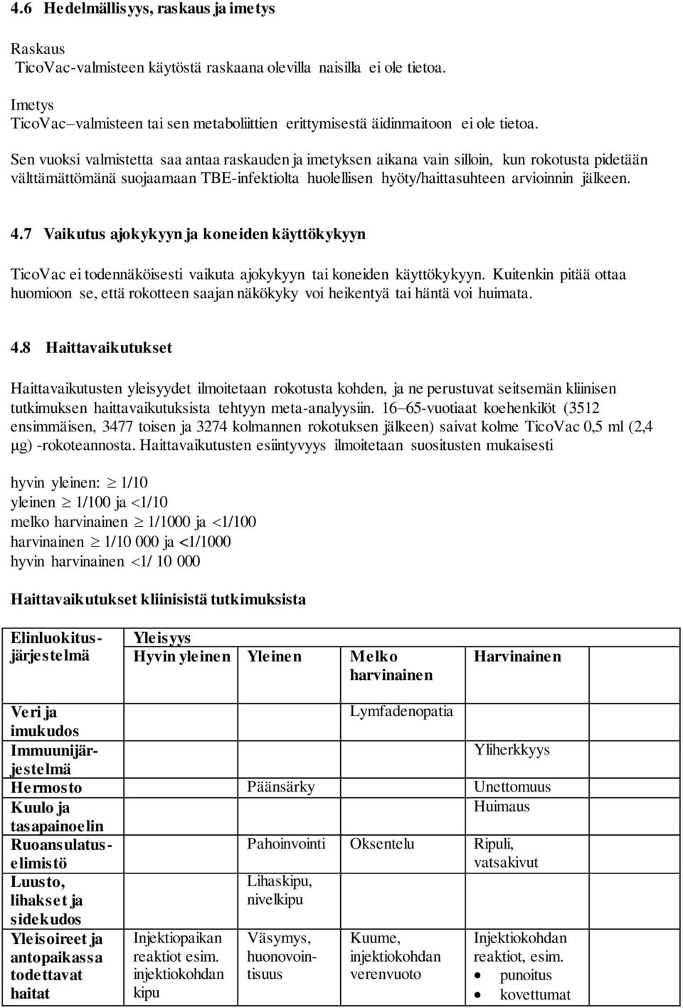 Sen vuoksi valmistetta saa antaa raskauden ja imetyksen aikana vain silloin, kun rokotusta pidetään välttämättömänä suojaamaan TBE-infektiolta huolellisen hyöty/haittasuhteen arvioinnin jälkeen. 4.