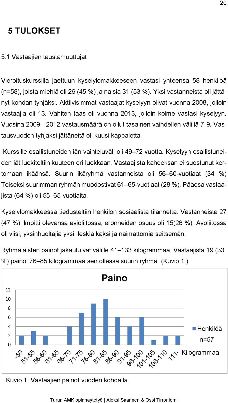 Vuosina 2009-2012 vastausmäärä on ollut tasainen vaihdellen välillä 7-9. Vastausvuoden tyhjäksi jättäneitä oli kuusi kappaletta. Kurssille osallistuneiden iän vaihteluväli oli 49 72 vuotta.