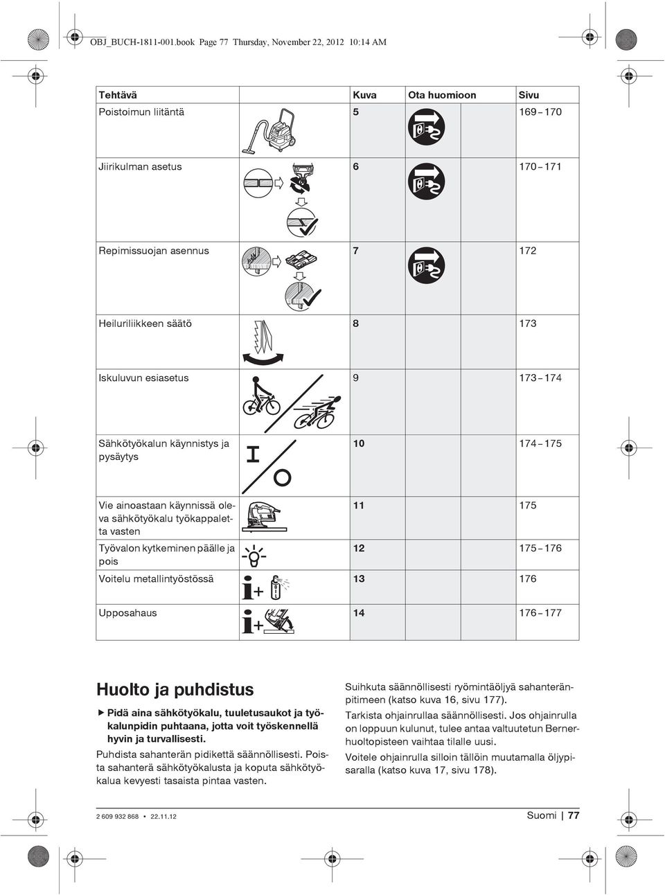 Iskuluvun esiasetus 9 173%174 Sähkötyökalun käynnistys ja pysäytys 10 174%175 Vie ainoastaan käynnissä oleva sähkötyökalu työkappaletta vasten Työvalon kytkeminen päälle ja pois 11 175 12 175%176