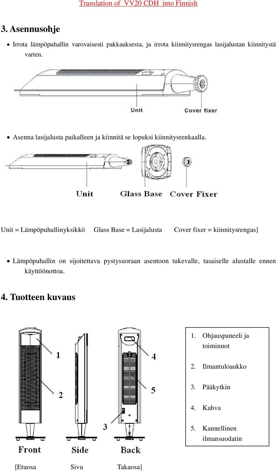 Unit = Lämpöpuhallinyksikkö Glass Base = Lasijalusta Cover fixer = kiinnitysrengas] Lämpöpuhallin on sijoitettava pystysuoraan