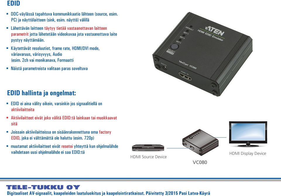 Käytettävät resoluutiot, frame rate, HDMI/DVI mode, väriavaruus, värisyvyys, Audio (esim.