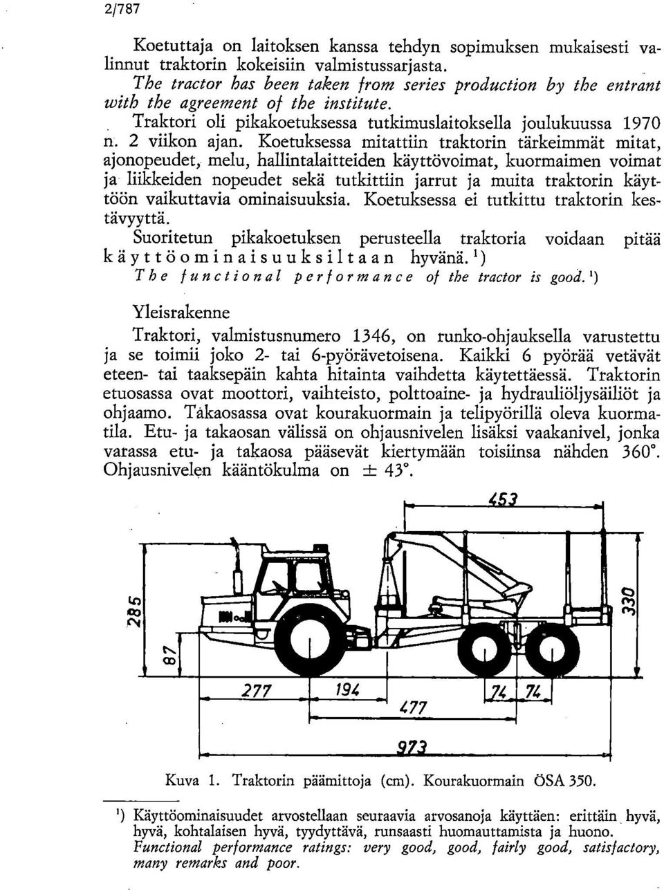 Koetuksessa mitattiin traktorin tärkeimmät mitat, ajonopeudet, melu, hallintalaitteiden käyttövoimat, kuormaimen voimat ja liikkeiden nopeudet sekä tutkittiin jarrut ja muita traktorin käyttöön