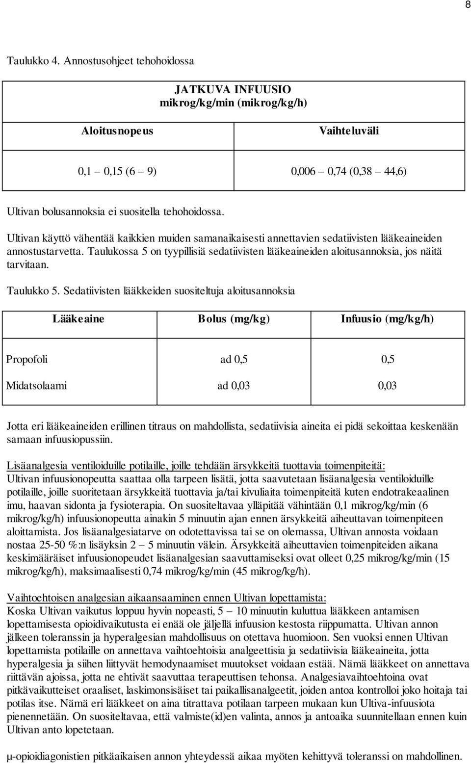 Ultivan käyttö vähentää kaikkien muiden samanaikaisesti annettavien sedatiivisten lääkeaineiden annostustarvetta.