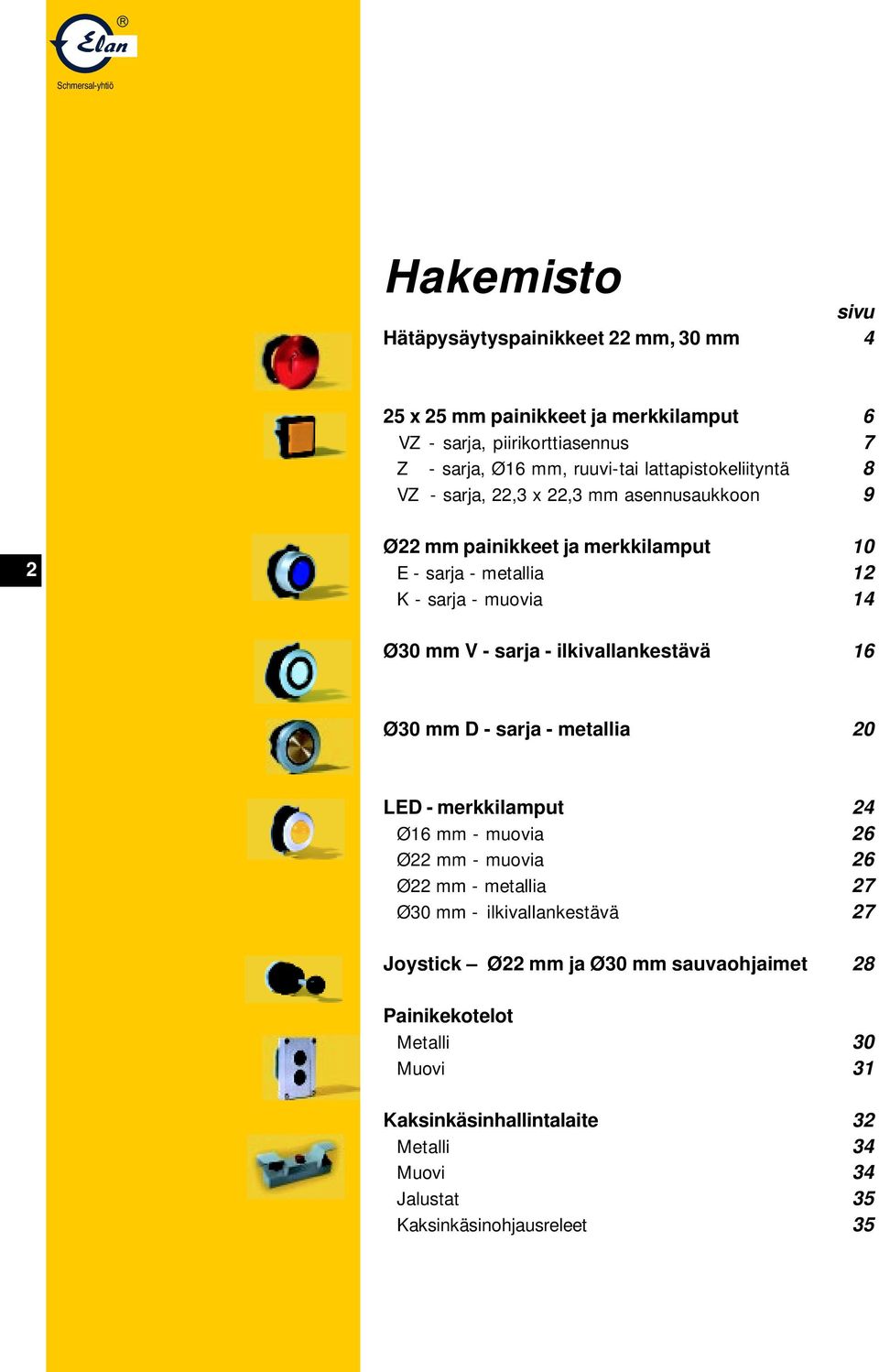 sarja - ilkivallankestävä 16 Ø30 mm D - sarja - metallia 20 LED - merkkilamput 24 Ø16 mm - muovia 26 Ø22 mm - muovia 26 Ø22 mm - metallia 27 Ø30 mm -