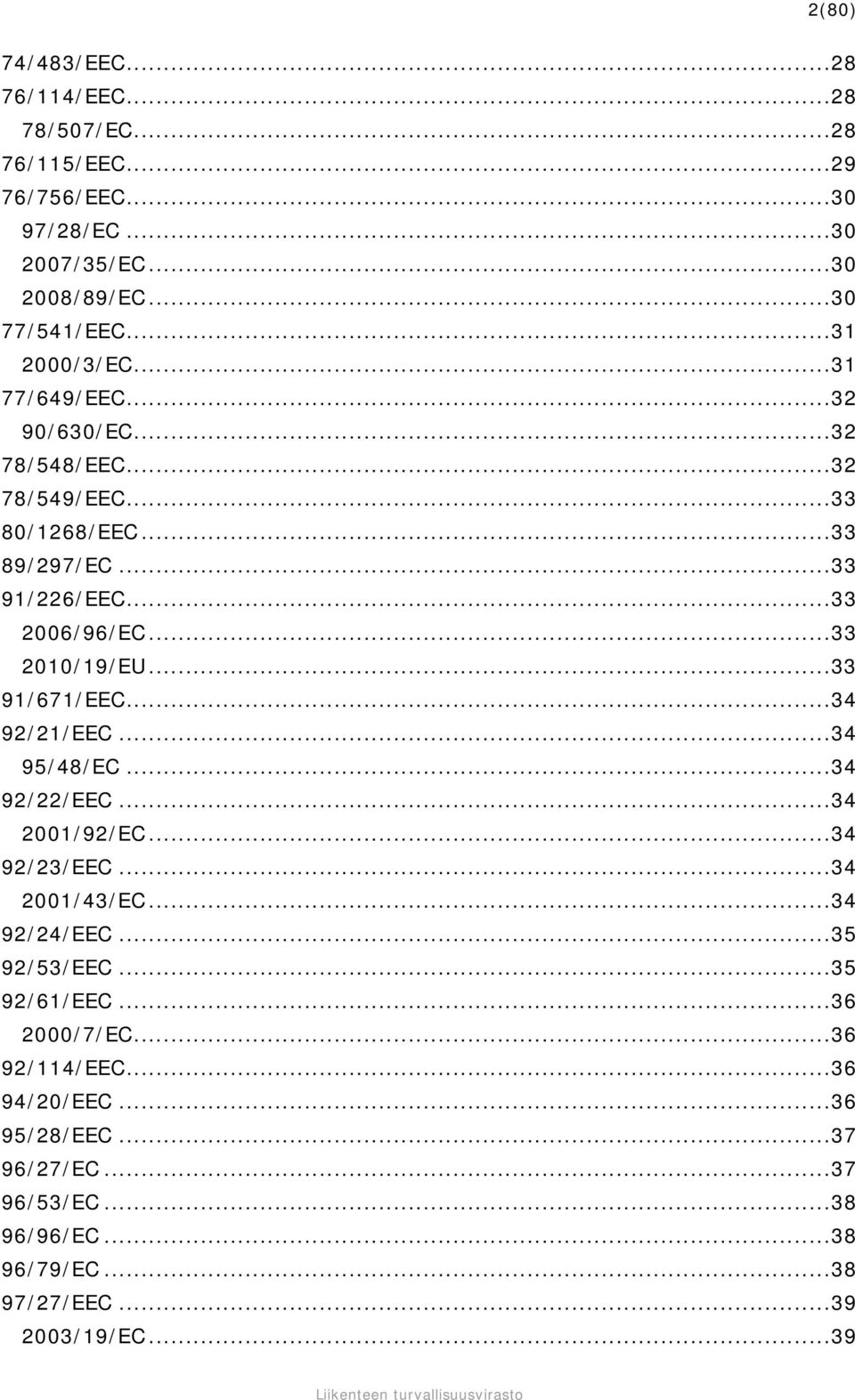 ..33 2010/19/EU...33 91/671/EEC...34 92/21/EEC...34 95/48/EC...34 92/22/EEC...34 2001/92/EC...34 92/23/EEC...34 2001/43/EC...34 92/24/EEC...35 92/53/EEC.