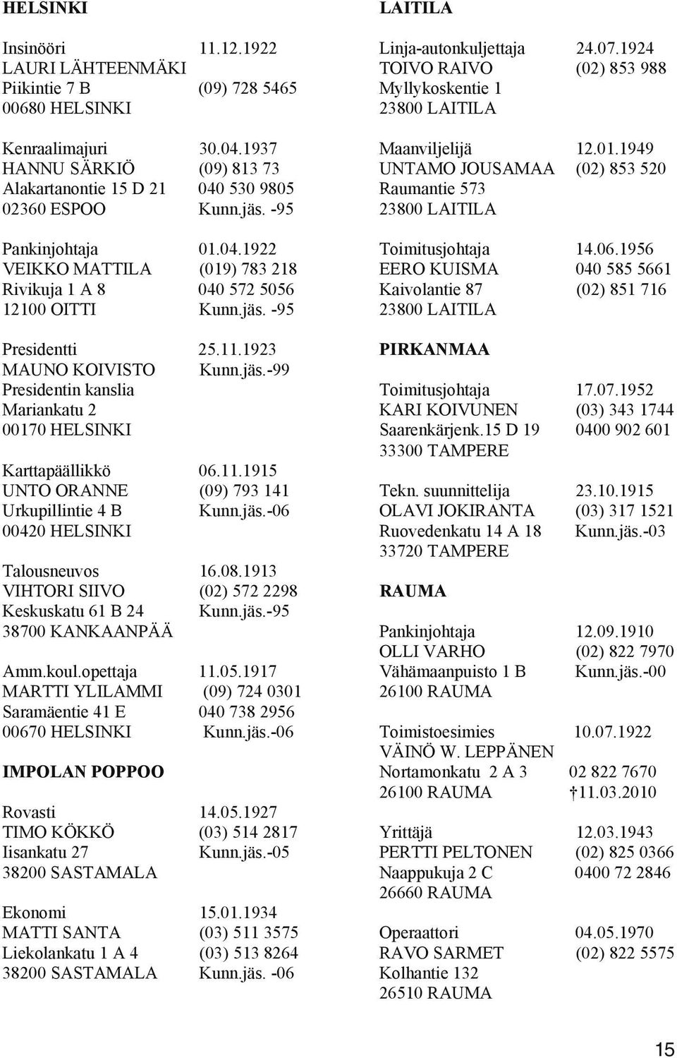 11.1915 UNTO ORANNE (09) 793 141 Urkupillintie 4 B Kunn.jäs.-06 00420 HELSINKI Talousneuvos 16.08.1913 VIHTORI SIIVO (02) 572 2298 Keskuskatu 61 B 24 Kunn.jäs.-95 38700 KANKAANPÄÄ Amm.koul.