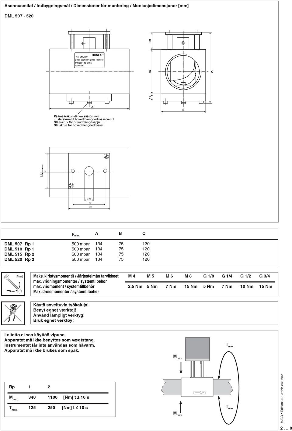 A B C DML 507 Rp 1 DML 510 Rp 1 DML 515 Rp 2 DML 520 Rp 2 500 mbar 500 mbar 500 mbar 500 mbar 134 134 134 134 75 75 75 75 120 120 120 120 19 Chrome Steel Made in Germany [Nm] 18 Maks.