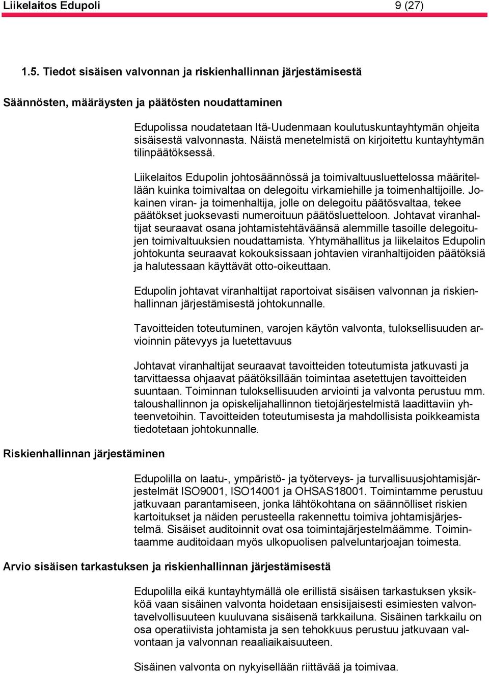 koulutuskuntayhtymän ohjeita sisäisestä valvonnasta. Näistä menetelmistä on kirjoitettu kuntayhtymän tilinpäätöksessä.