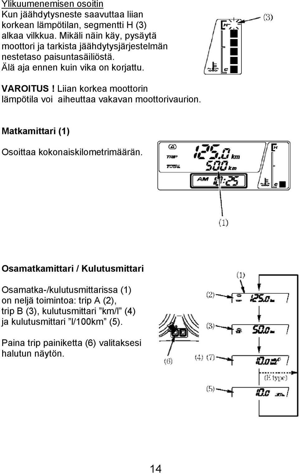 Liian korkea moottorin lämpötila voi aiheuttaa vakavan moottorivaurion. Matkamittari (1) Osoittaa kokonaiskilometrimäärän.