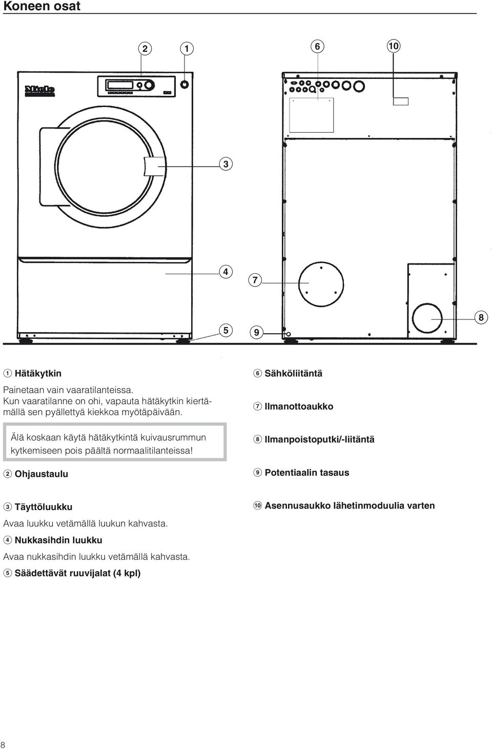 Älä koskaan käytä hätäkytkintä kuivausrummun kytkemiseen pois päältä normaalitilanteissa!