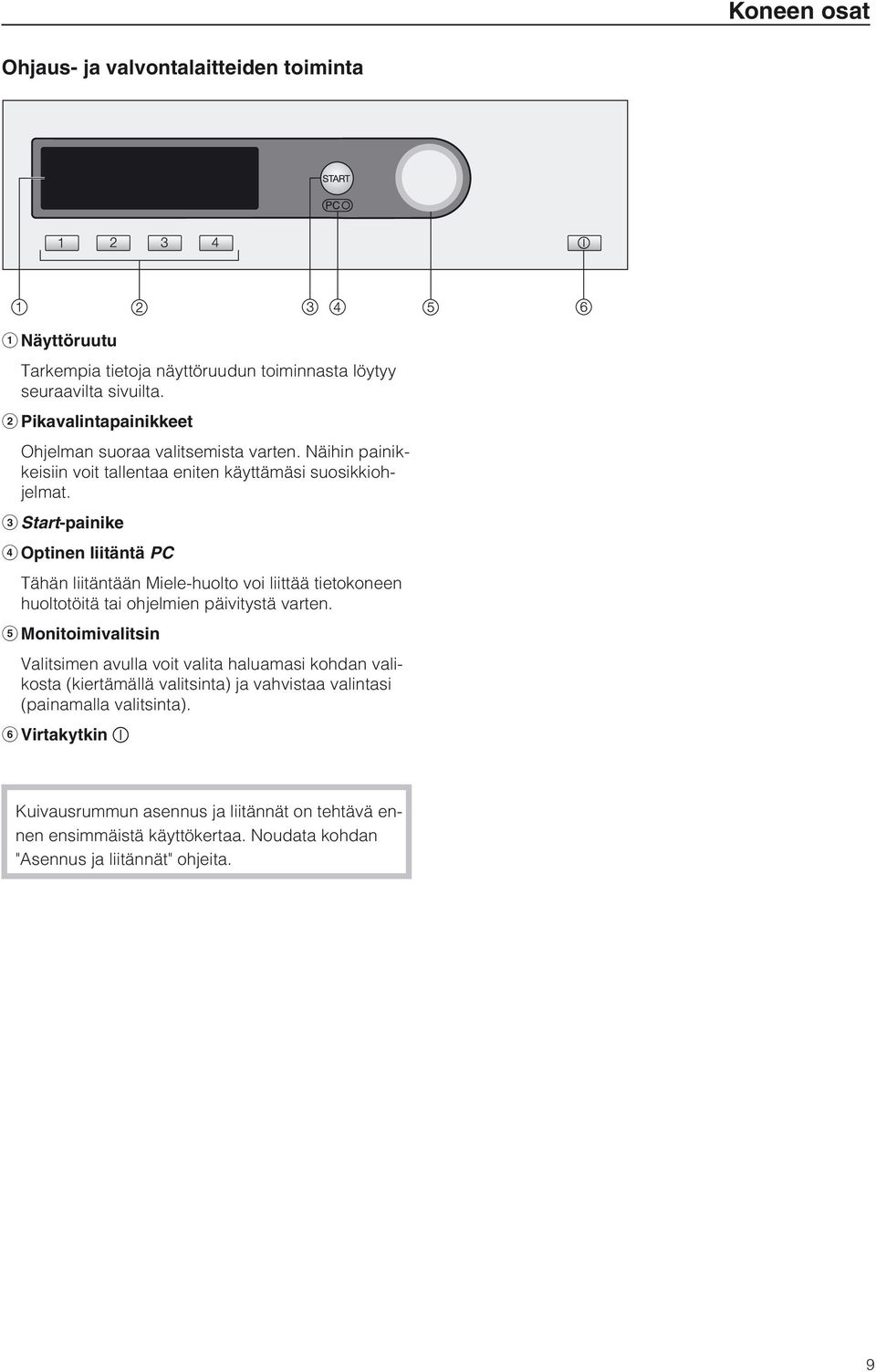 c Start-painike d Optinen liitäntä PC Tähän liitäntään Miele-huolto voi liittää tietokoneen huoltotöitä tai ohjelmien päivitystä varten.