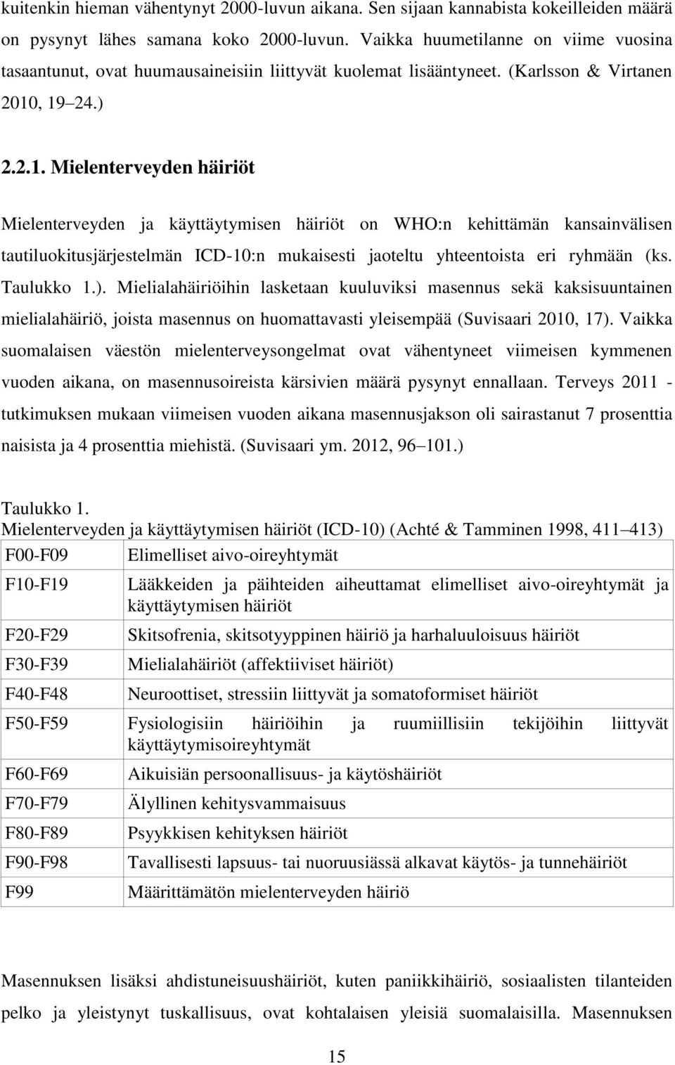 , 19 24.) 2.2.1. Mielenterveyden häiriöt Mielenterveyden ja käyttäytymisen häiriöt on WHO:n kehittämän kansainvälisen tautiluokitusjärjestelmän ICD-10:n mukaisesti jaoteltu yhteentoista eri ryhmään (ks.