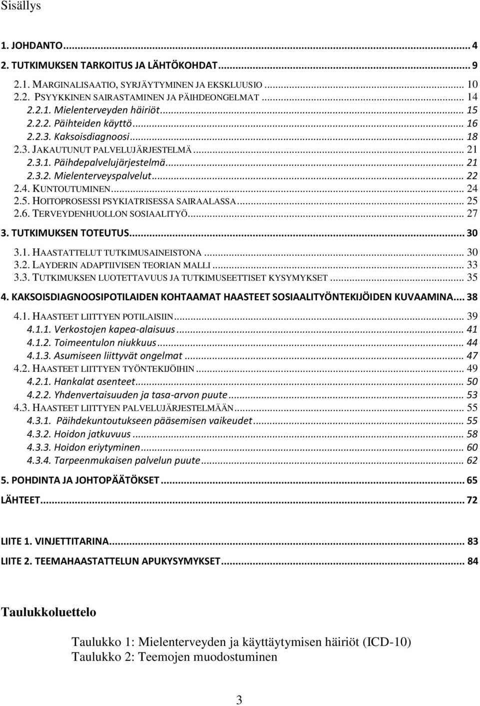 .. 24 2.5. HOITOPROSESSI PSYKIATRISESSA SAIRAALASSA... 25 2.6. TERVEYDENHUOLLON SOSIAALITYÖ... 27 3. TUTKIMUKSEN TOTEUTUS... 30 3.1. HAASTATTELUT TUTKIMUSAINEISTONA... 30 3.2. LAYDERIN ADAPTIIVISEN TEORIAN MALLI.