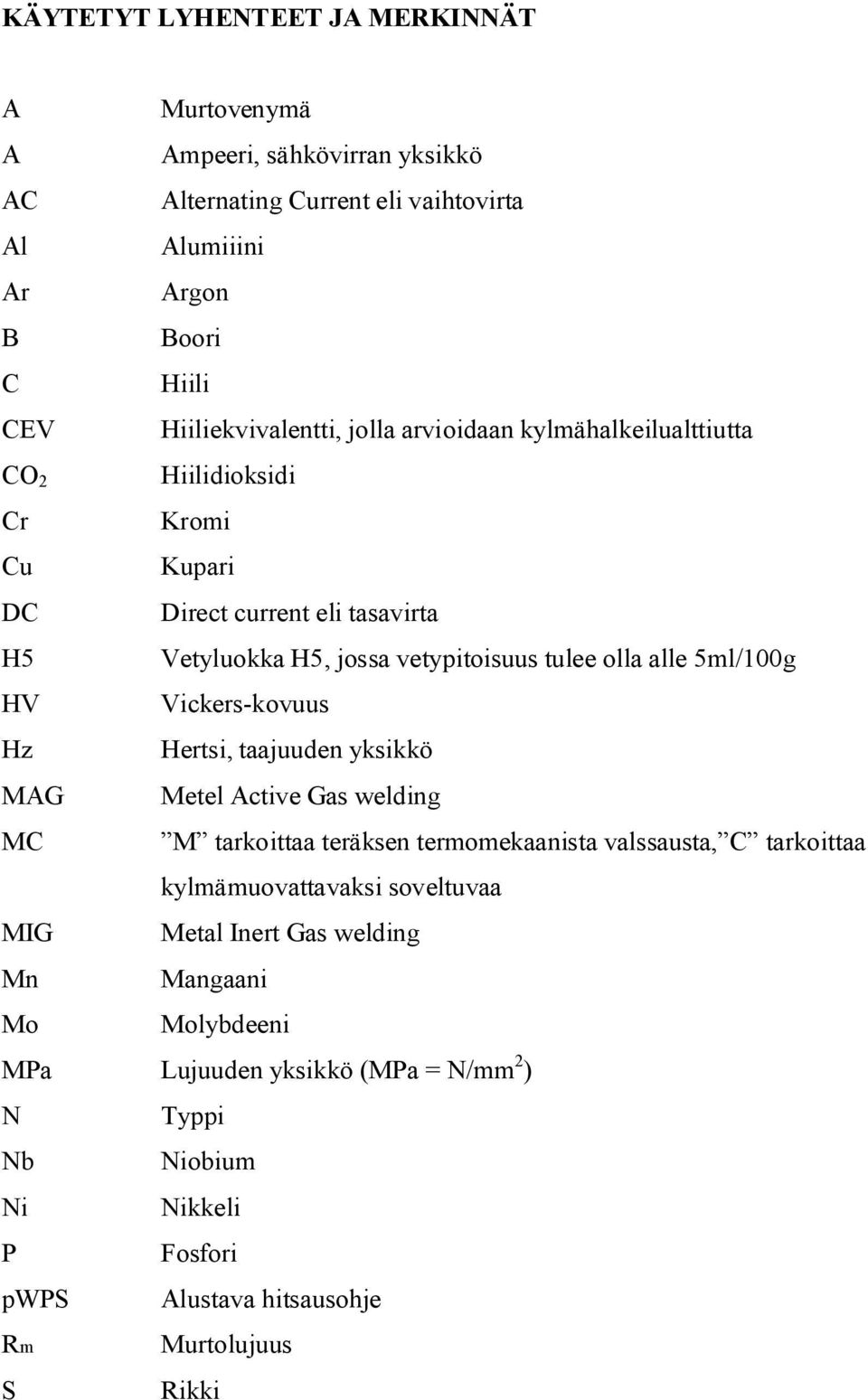 olla alle 5ml/100g HV Vickers-kovuus Hz Hertsi, taajuuden yksikkö MAG Metel Active Gas welding MC M tarkoittaa teräksen termomekaanista valssausta, C tarkoittaa