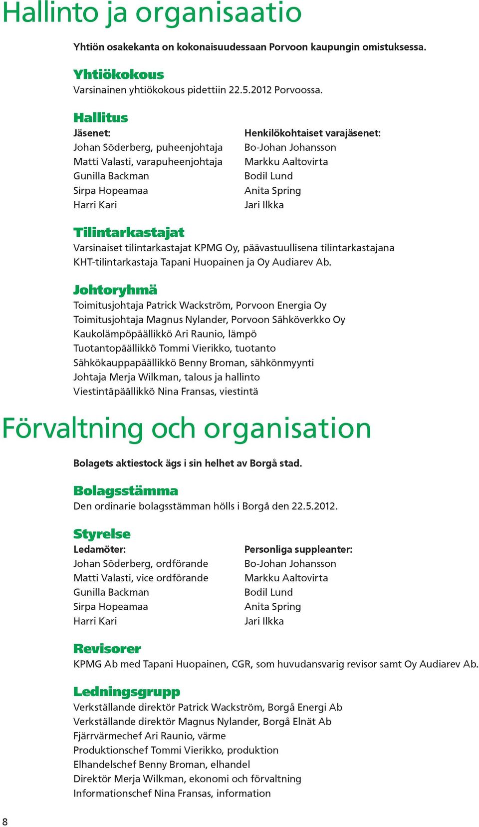 Lund Anita Spring Jari Ilkka Tilintarkastajat Varsinaiset tilintarkastajat KPMG Oy, päävastuullisena tilintarkastajana KHT-tilintarkastaja Tapani Huopainen ja Oy Audiarev Ab.