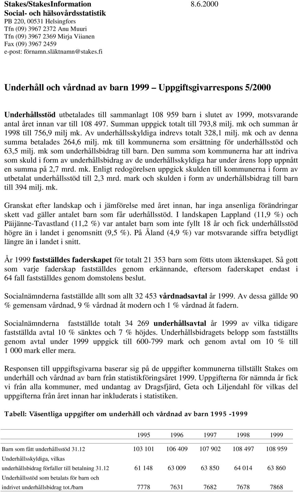 fi Underhåll och vårdnad av barn 1999 Uppgiftsgivarrespons 5/2000 Underhållsstöd utbetalades till sammanlagt 108 959 barn i slutet av 1999, motsvarande antal året innan var till 108 497.