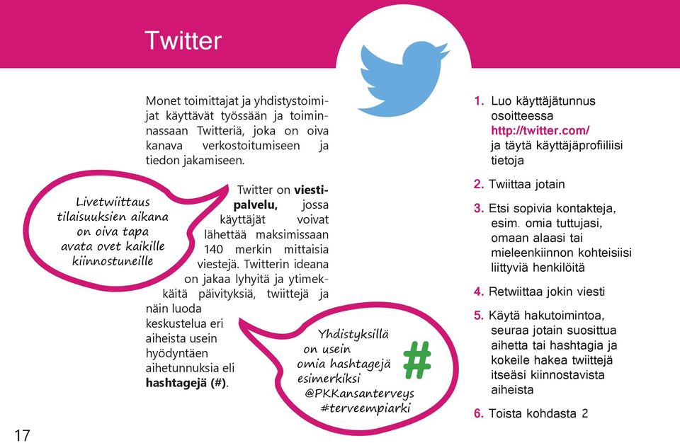 Twitterin ideana on jakaa lyhyitä ja ytimekkäitä päivityksiä, twiittejä ja näin luoda keskustelua eri aiheista usein hyödyntäen aihetunnuksia eli hashtagejä (#).