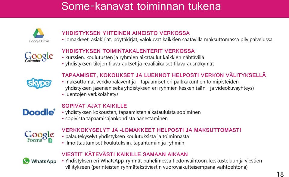 VÄLITYKSELLÄ maksuttomat verkkopalaverit ja - tapaamiset eri paikkakuntien toimipisteiden, yhdistyksen jäsenien sekä yhdistyksen eri ryhmien kesken (ääni- ja videokuvayhteys) luentojen verkkolähetys