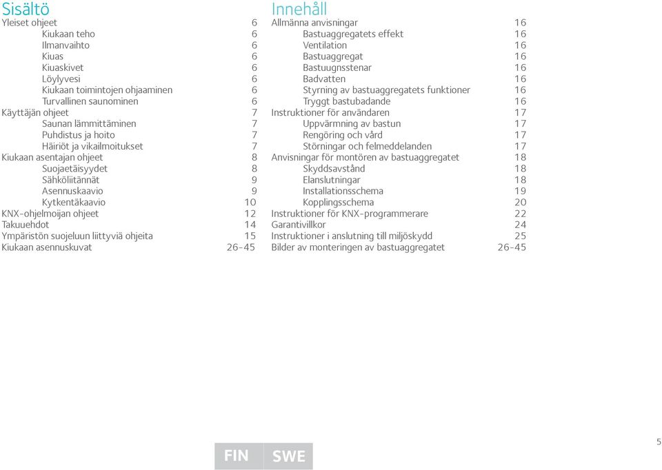 liittyviä ohjeita 15 Kiukaan asennuskuvat 26-45 Innehåll Allmänna anvisningar 16 Bastuaggregatets effekt 16 Ventilation 16 Bastuaggregat 16 Bastuugnsstenar 16 Badvatten 16 Styrning av