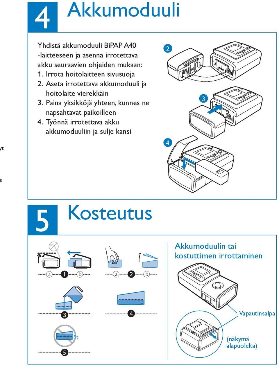 Työnnä irrotettava akku akkumoduuliin ja sulje kansi Humidification Humidification With device turned off, remove and fill chamber with water. Humidification Humidification. (a) Lift humidifier door until it locks in place.