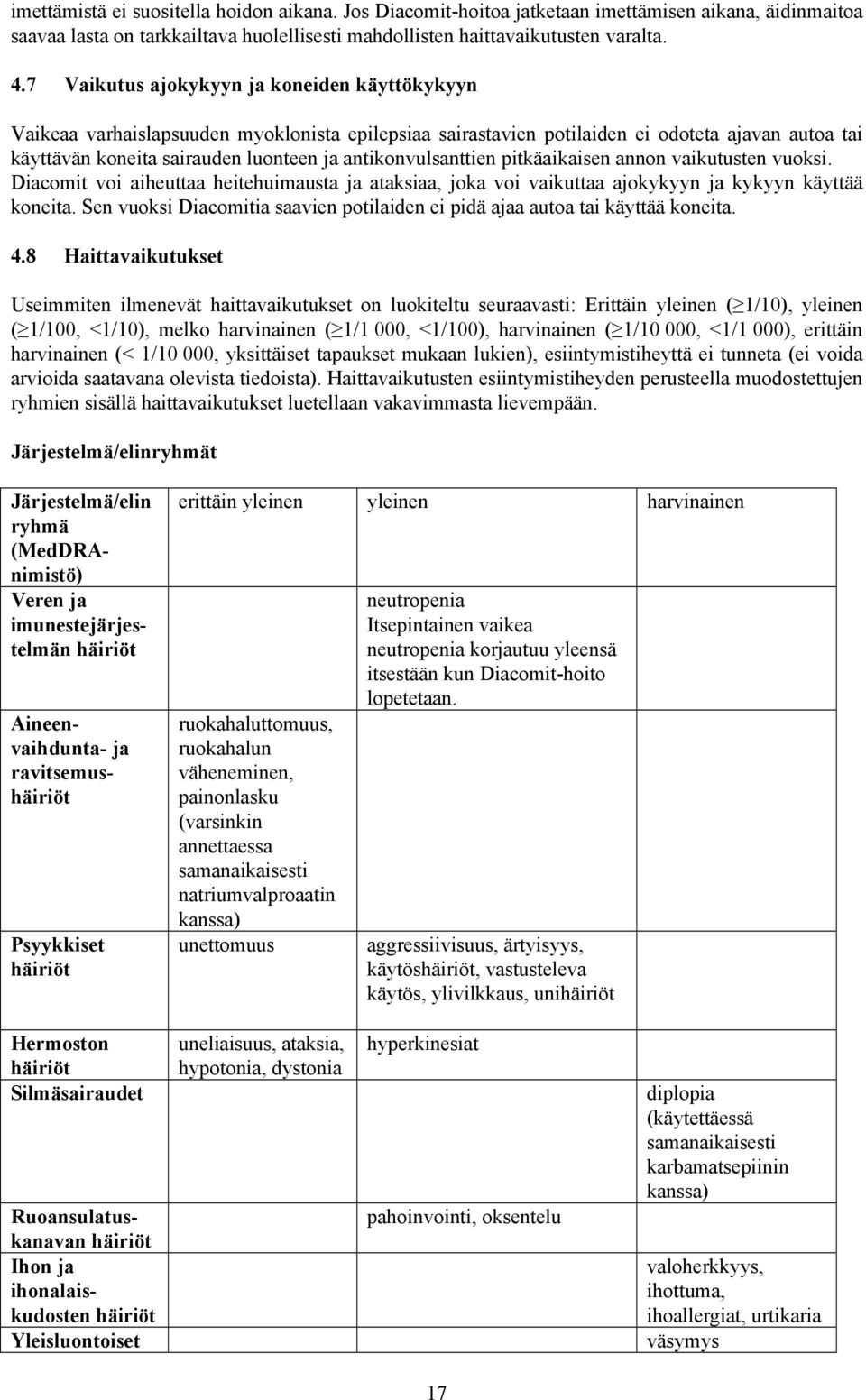 antikonvulsanttien pitkäaikaisen annon vaikutusten vuoksi. Diacomit voi aiheuttaa heitehuimausta ja ataksiaa, joka voi vaikuttaa ajokykyyn ja kykyyn käyttää koneita.