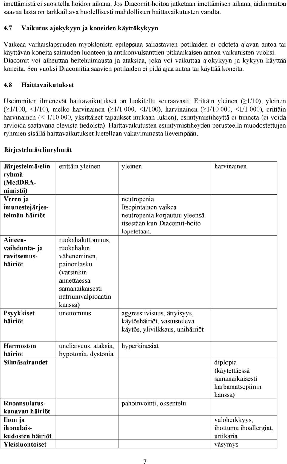 antikonvulsanttien pitkäaikaisen annon vaikutusten vuoksi. Diacomit voi aiheuttaa heitehuimausta ja ataksiaa, joka voi vaikuttaa ajokykyyn ja kykyyn käyttää koneita.