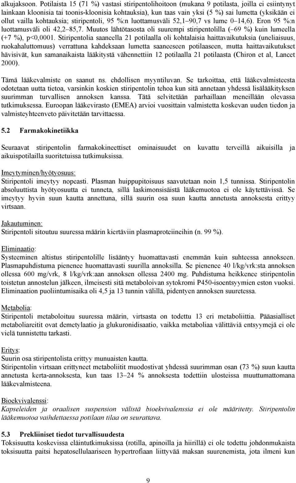 vailla kohtauksia; stiripentoli, 95 %:n luottamusväli 52,1 90,7 vs lume 0 14,6). Eron 95 %:n luottamusväli oli 42,2 85,7.