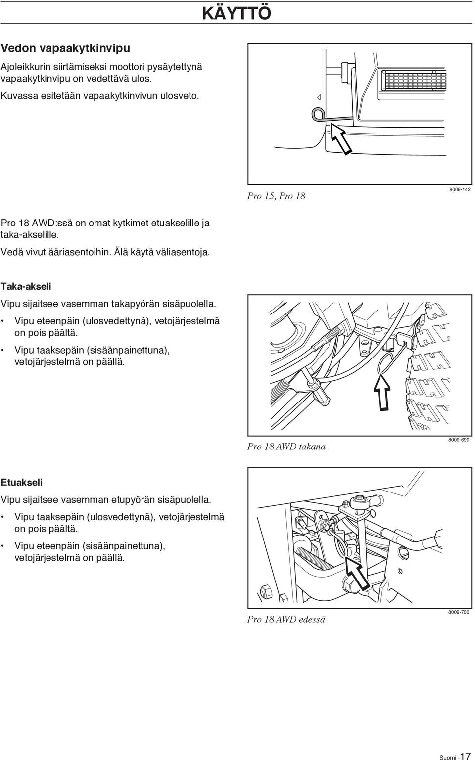 Taka-akseli Vipu sijaitsee vasemman takapyörän sisäpuolella. Vipu eteenpäin (ulosvedettynä), vetojärjestelmä on pois päältä.