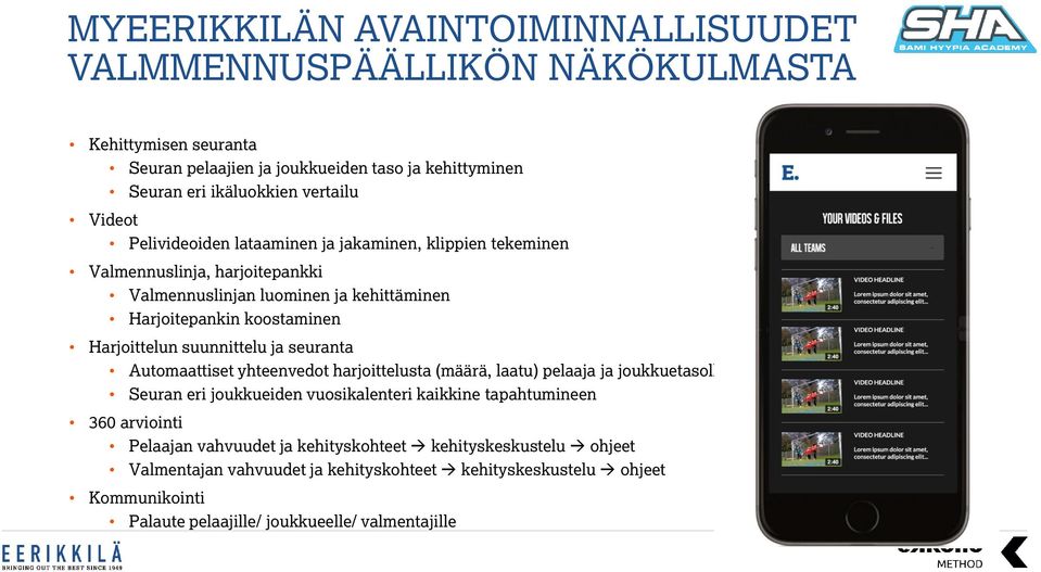 suunnittelu ja seuranta Automaattiset yhteenvedot harjoittelusta (määrä, laatu) pelaaja ja joukkuetasolla Seuran eri joukkueiden vuosikalenteri kaikkine tapahtumineen 360 arviointi