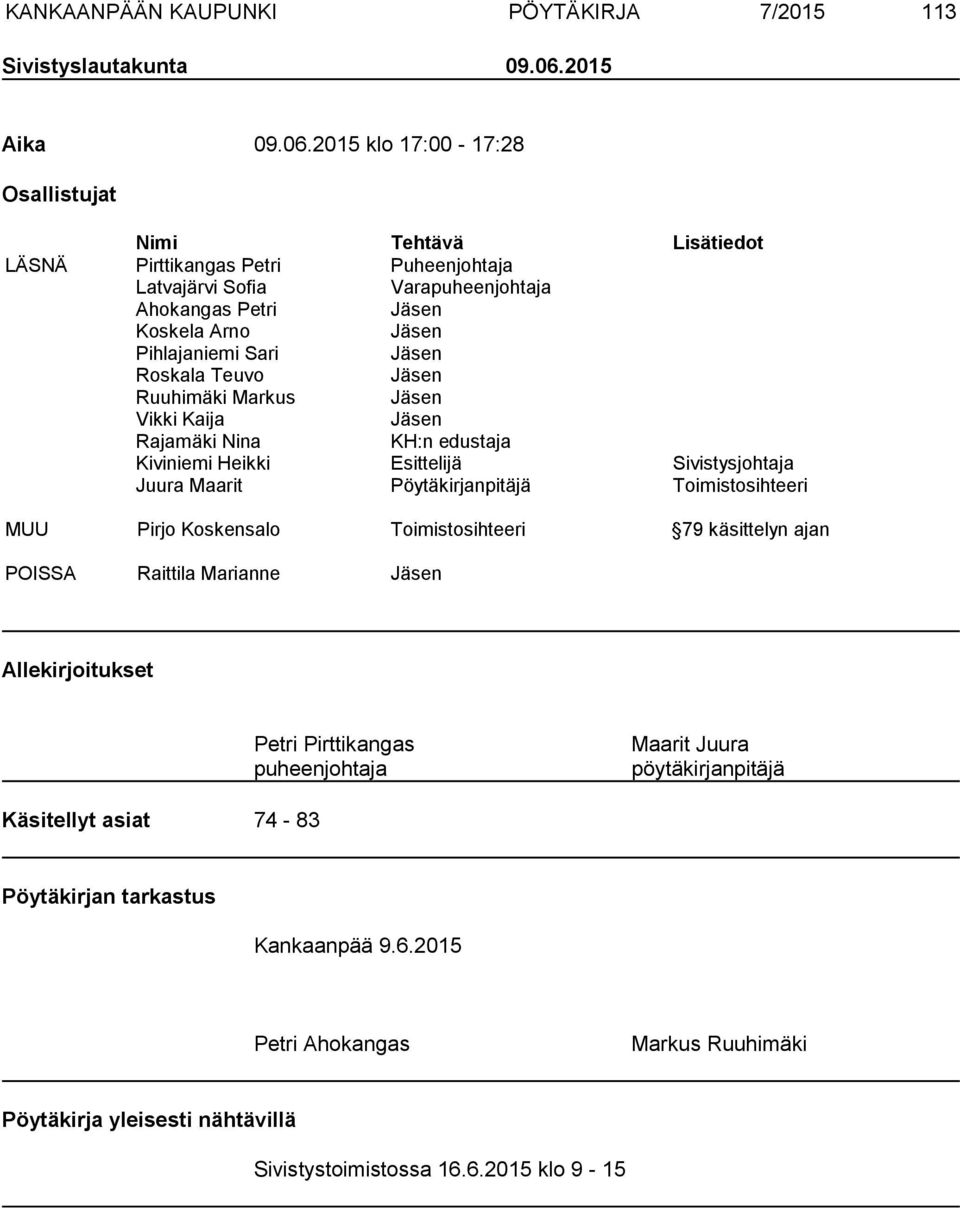 2015 klo 17:00-17:28 Osallistujat Nimi Tehtävä Lisätiedot LÄSNÄ Pirttikangas Petri Puheenjohtaja Latvajärvi Sofia Varapuheenjohtaja Ahokangas Petri Jäsen Koskela Arno Jäsen Pihlajaniemi Sari Jäsen