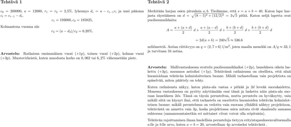 Tehtävä Merkitään harjan osien pituuksia a, b. Tiedämme, että s = a + b = 40. Katon lape harjasta räystääseen on d = (8 5) + (1/) = 3 5 pitkä.