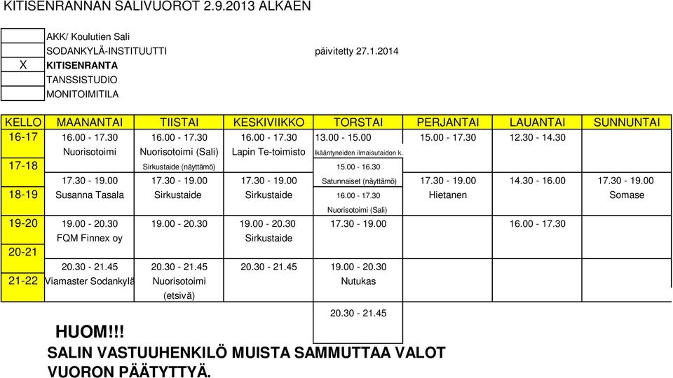 30-19.00 14.30-16.00 17.30-19.00 18-19 Susanna Tasala Sirkustaide Sirkustaide 16.00-17.30 Hietanen Somase Nuorisotoimi (Sali) 19-20 19.00-20.30 19.00-20.30 19.00-20.30 17.30-19.00 16.00-17.30 20-21 FQM Finnex oy Sirkustaide 20.