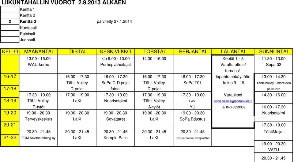 30 Tähti-Volley SoPa C-D pojat Tähti-Volley SoPa T01 la klo 9-19 Tähti-Volley junioreiden 17-18 D-pojat futsal D-pojat pelivuoro 17.30-19.00 17.30-19.00 17.30-19.00 17.30-19.00 17.30-19.00 Varaukset 14.