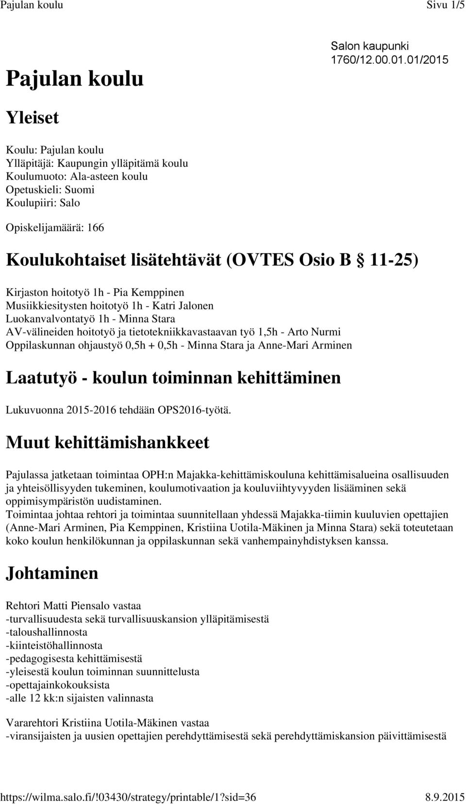 Osio B 11-25) Kirjaston hoitotyö 1h - Pia Kemppinen Musiikkiesitysten hoitotyö 1h - Katri Jalonen Luokanvalvontatyö 1h - Minna Stara AV-välineiden hoitotyö ja tietotekniikkavastaavan työ 1,5h - Arto