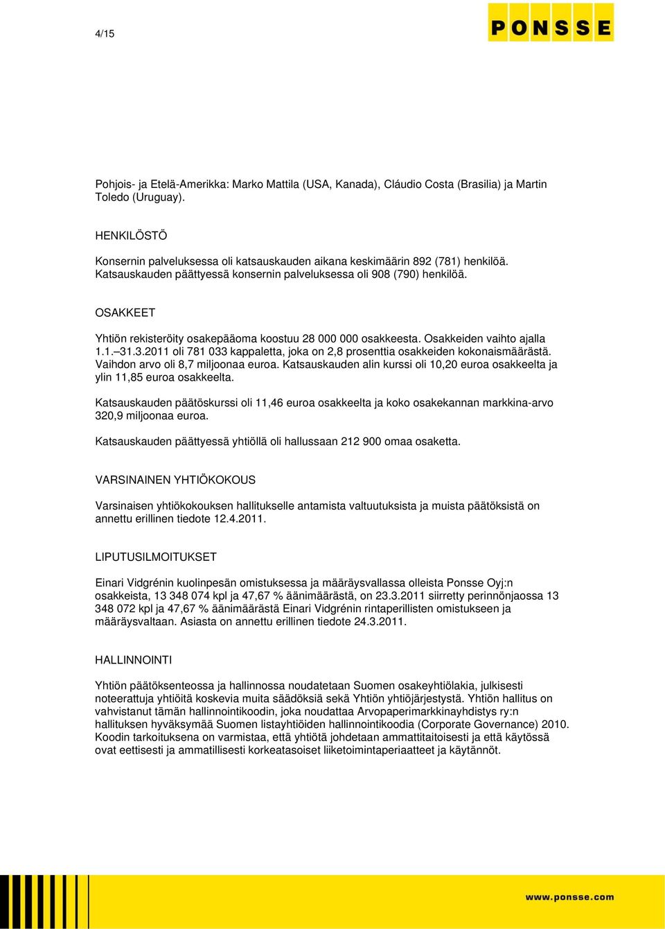 OSAKKEET Yhtiön rekisteröity osakepääoma koostuu 28 000 000 osakkeesta. Osakkeiden vaihto ajalla 1.1. 31.3.2011 oli 781 033 kappaletta, joka on 2,8 prosenttia osakkeiden kokonaismäärästä.