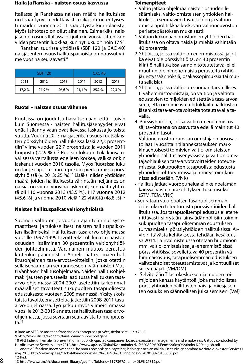 Ranskan suurissa yhtiöissä (SBF 120 ja CAC 40) naisjäsenten osuus hallituspaikoista on noussut viime vuosina seuraavasti: 8 SBF 120 CAC 40 2011 2012 2013 2011 2012 2013 17,2 % 21,9 % 26,6 % 21,1 %