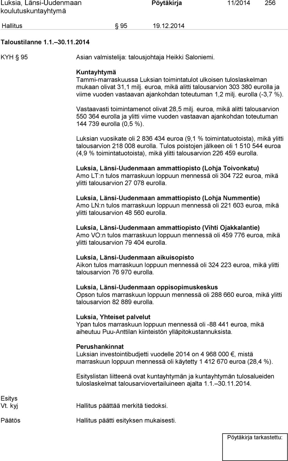 euroa, mikä alitti talousarvion 303 380 eurolla ja viime vuoden vastaavan ajankohdan toteutuman 1,2 milj. eurolla (-3,7 %). Vastaavasti toimintamenot olivat 28,5 milj.